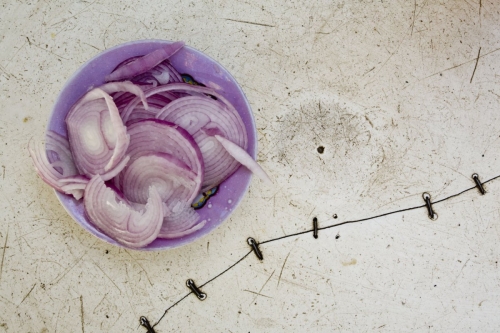 Bol d'oignons rouges coupés sur une table en plastique rafistolée | Philippe DUREUIL Photographie