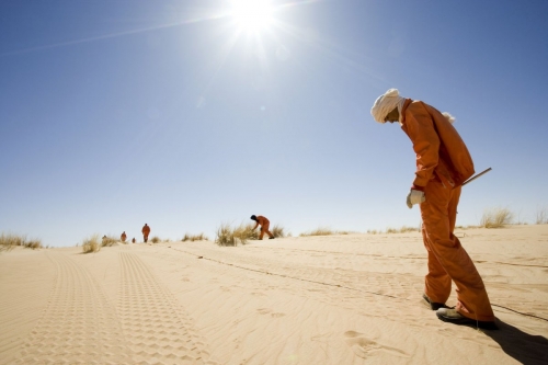 Photographie de reportage corporate réalisé pour Total Exploration Production dans le désert de Taoudéni en Mauritanie - Illustration d'une campagne de prospection sismique - Installation de géophones dans le sol | Philippe DUREUIL Photographie