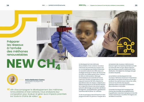Double page intérieure du rapport d'activité de NaTran R & I 2024. Portrait métier de deux femmes au travail dans un laboratoire. | Philippe DUREUIL Photographie