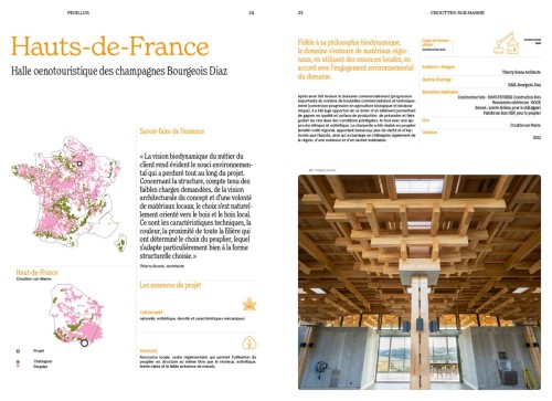 Photographie d'architecture d'une charpente en bois. Photo d'architecture intérieure illustrant la publication "Feuillus" éditée par FIBOIS & REIHABITAT. Charpente du pressoir de la Maison de champagne Bourgeois-Diaz à Crouttes-sur-Marne. Architecte Thierry Bonne. | Philippe DUREUIL Photographie