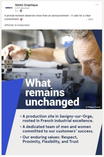 Post LinkedIn de la société SMAG Graphique. Portrait métier d'un homme au travail dans les ateliers de production. | Philippe DUREUIL Photographie