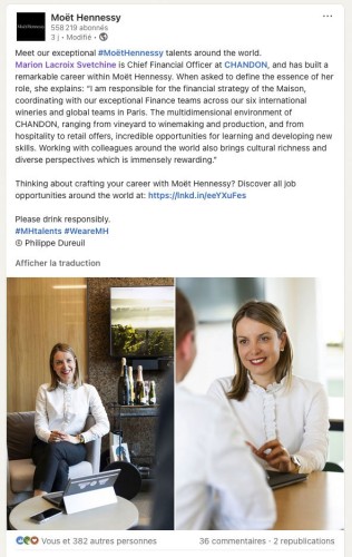 Portrait corporate métier de Mme Marion Lacroix Svetchine, CFO de la maison Chandon destiné à l'illustration d'un post Linkedin de Moët Hennessy. | Philippe DUREUIL Photographie