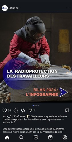 Post Instagram de l'ASNR. Photo industrielle d'un homme au travail  sur un chantier de démantèlement d'une centrale nucléaire, il découpe une épaisse plaque d'acier au chalumeau. | Philippe DUREUIL Photographie